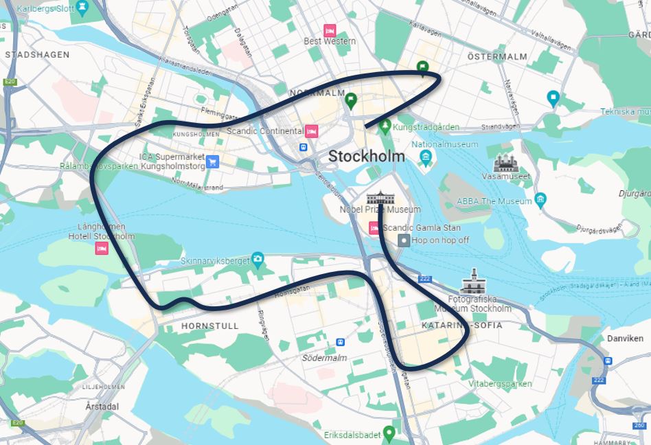 Carte d'un itinéraire d'une journée à Stockholm